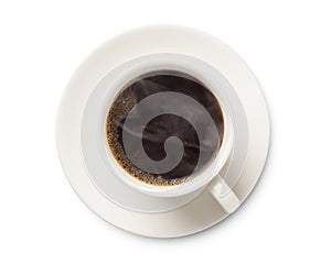 Coffee cup, top view of coffee black in white ceramic cup isolated on white background