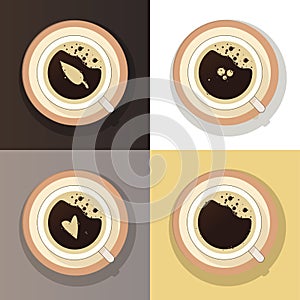 Coffee cup top view set vector isolated. Menu restraurant, cafe, coffee shop. Drawing coffee foam.