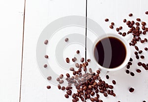 Coffee cup top view on white wood table background