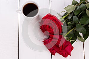 Coffee cup top view on white wood table background