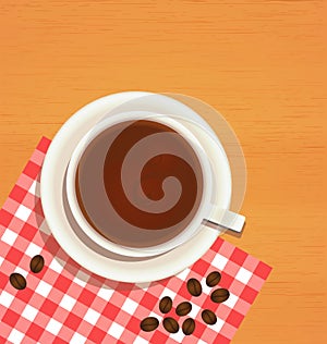 Coffee cup top view on wooden table