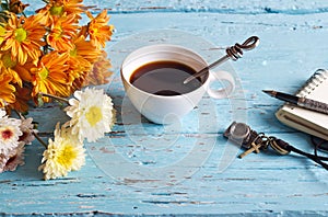 Coffee cup and vibrant flower, paper note of vintage pastel color tone