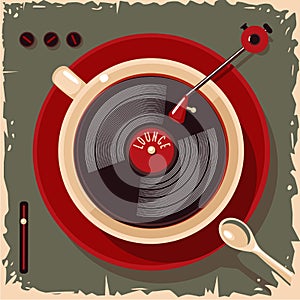 Coffee cup with vinyl record. Lounge cafe bar vintage illustration. Vector retro style.