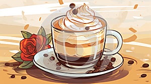 a coffee cup with whipped cream and coffee beans