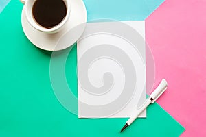 Coffee cup and white mockup on the table, stayhome concept