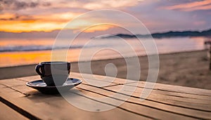 Coffee cup on wood table at sunset or sunrise