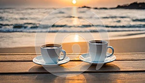 Coffee cup on wood table at sunset or sunrise