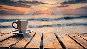 Coffee cup on wood table at sunset or sunrise