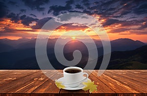 Coffee cup on wood table and view of beautiful nature background