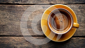 Coffee in cup on wooden table in cafe