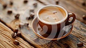 Coffee in cup on wooden table in cafe