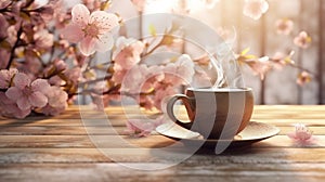 Coffee in cup on wooden table with flowers in spring season, calm and relax coffee.Generative AI