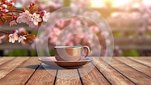 Coffee in cup on wooden table with flowers in spring season, calm and relax coffee.Generative AI