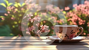 Coffee in cup on wooden table with flowers in spring season, calm and relax coffee.Generative AI