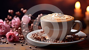 Coffee cup on wooden table, frothy cappuccino with chocolate generated by AI