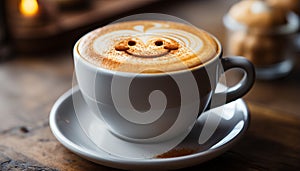 Coffee cup on wooden table, frothy cappuccino with heart shape generated by AI