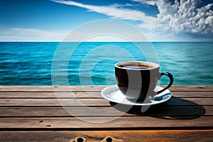 Coffee cup on wooden table over beautiful sea background AI Generated