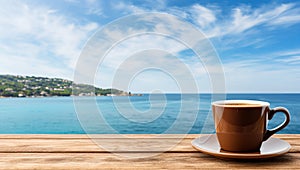 Coffee cup on wooden table over blue sea and sky background