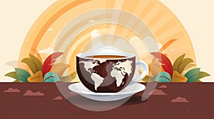 coffee cup with the world map on the cup and leaves on the background vector illustration ilustraÃÂ§ÃÂ£o