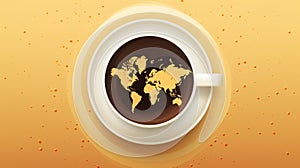 coffee cup with world map illustration on yellow background