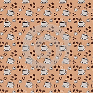 Coffee cups and beans seamless pattern beverage. Pattern of a hot coffee cup and coffee beans vector illustration background.