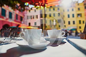 Coffee cups in cafe in Vernazza, Cinque Terre, Italy