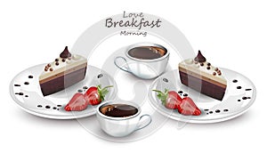 Coffee cups and cake slices Vector realistic. Coffeetime desserts cards photo