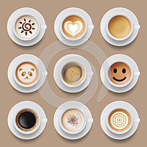 Coffee cups. Cappuccino latte americano top view of realistic hot morning drinks vector illustrations photo