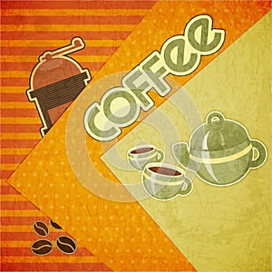 Coffee cups, coffee pot, coffee mill