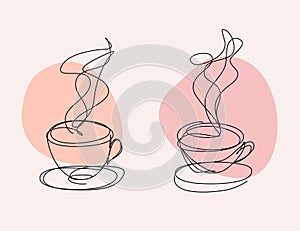 Coffee Cups in Continuous Line Art Style with editable Stroke. Simple Art for Cafe, Restaurants. Minimalistic Design