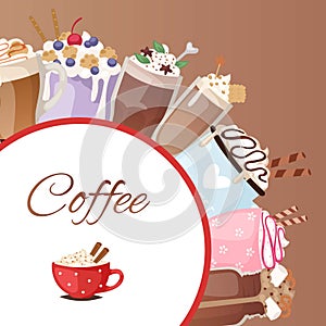 Coffee cups different dessert sorts and hot chocolate with cream topping poster cartoon vector illustration.