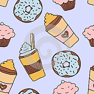 Coffee cups, donuts on a pastel blue background, vector seamless pattern