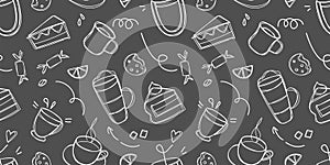 Coffee cups drawn with chalk on a black board. Doodle coffee and desserts seamless pattern