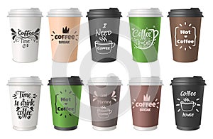 Coffee cups lettering set. Phrase about Coffee to go. Typography quote design. Hot street drinks, cardboard packaging