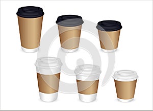 Coffee cups with a lid made of kraft paper. Three sizes. Large, medium, small. Vector 3d  Realistic set of Coffee Cups. Mockup. ak