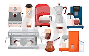 Coffee cups, machines and makers set, coffee shop collection of hot drink menu, equipment