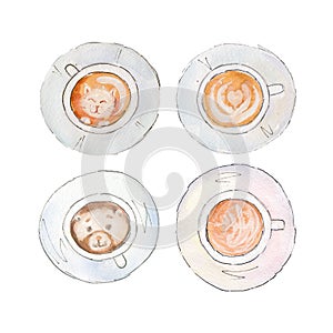 The coffee cups set with latteart isolated on white background, watercolor illustration.