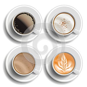 Coffee Cups Set Vector. Top View. Different Types. Coffee Menu. Hot Latte, Cappuchino, Americano, Raf Coffee. Fast Food