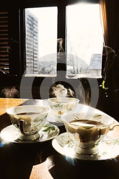 Coffee cups on table