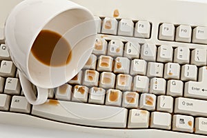 Coffee and damaged computer keyboard