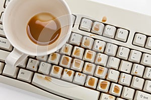 Coffee and damaged computer keyboard