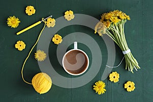 Coffee, dandelions and crocheted flowers