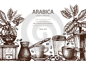 Vector design with ink hand drawn coffee illustrations. Arabica plant with leaves and fruits sketch. Vintage template for cafe or photo