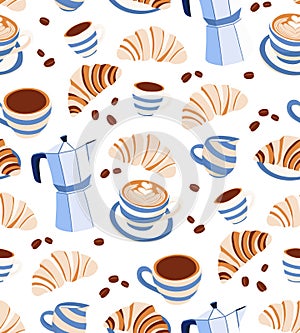 Coffee Desserts croissant Seamless Pattern. Tropical Theme