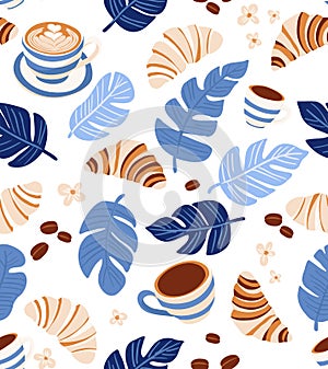 Coffee Desserts croissant Seamless Pattern. Tropical Theme