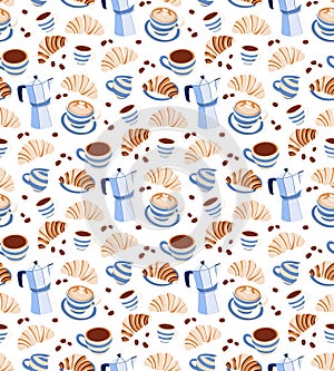 Coffee Desserts croissant Seamless Pattern. Tropical Theme