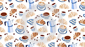 Coffee Desserts croissant Seamless Pattern. Tropical Theme