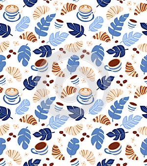 Coffee Desserts croissant Seamless Pattern. Tropical Theme