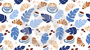 Coffee Desserts croissant Seamless Pattern. Tropical Theme