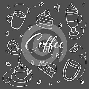 Coffee and desserts in doodle style drawn with chalk on a black board. Sketch of different cups of coffee